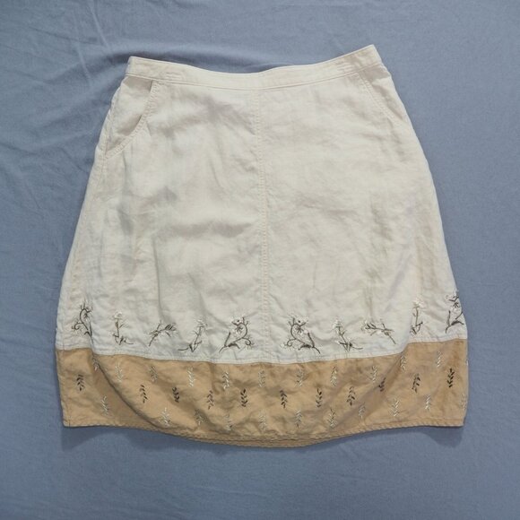 J Jill Skirt Womens 14 Tan Linen Floral Embroidery Knee Boho Modest Minimalist - Picture 1 of 11